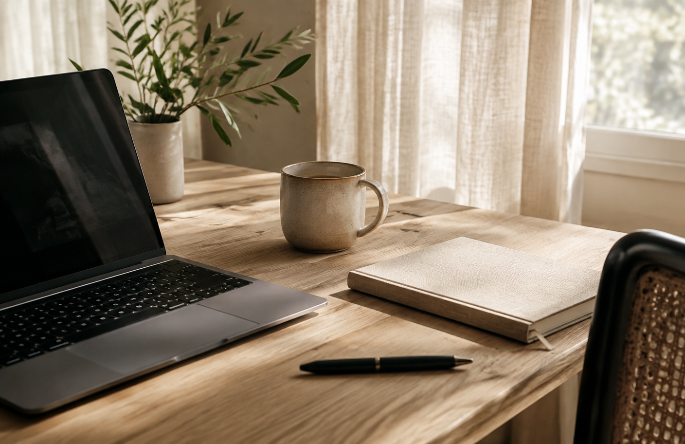 Quiet home workspace with notebook and laptop