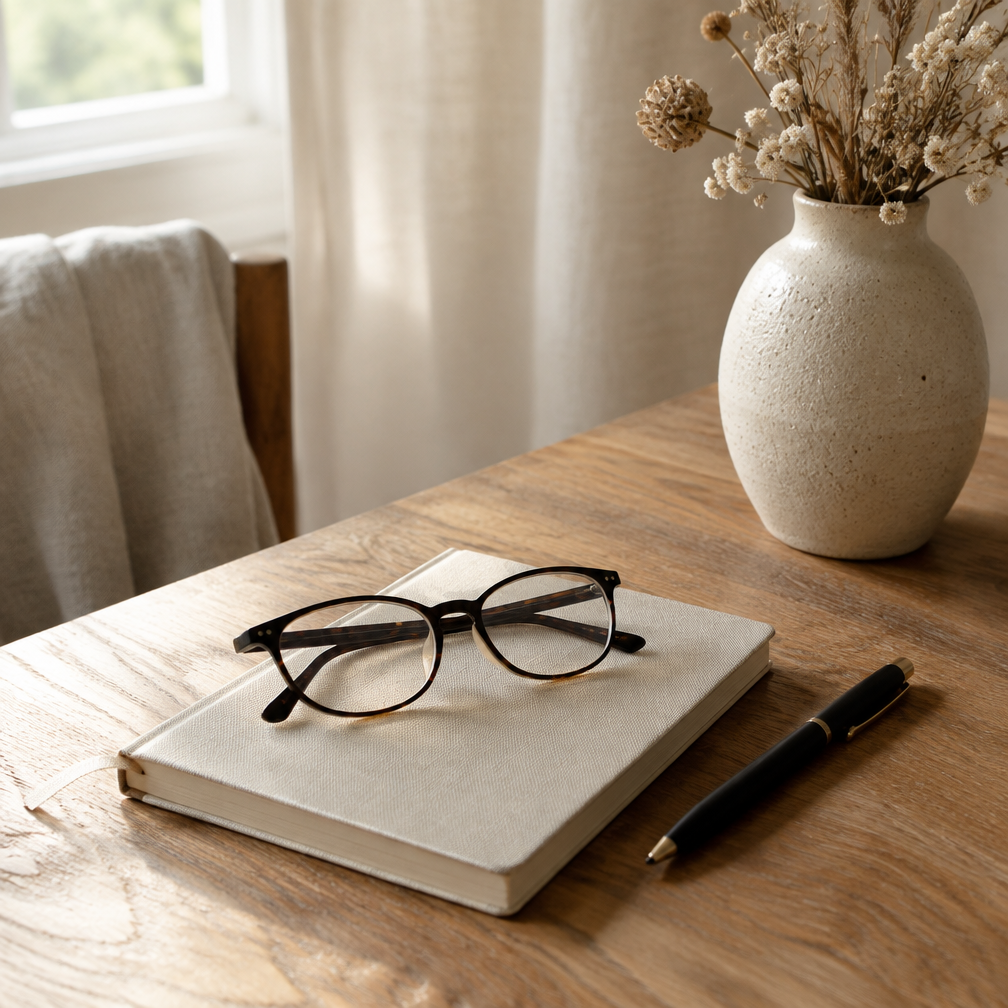 Notebook, glasses and flowers on a wooden table